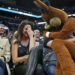 Selena Gomez laughs at the antics of the Coyote during a 2016 game at the AT&T Center. (TOM REEL/SAN ANTONIO EXPRESS-NEWS)