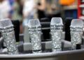 Blingy microphones backstage for the "Mamma Mia!" production at the Ahmanson Theatre in downtown Los Angeles.