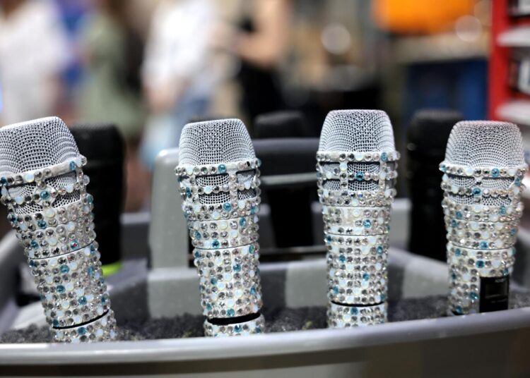Blingy microphones backstage for the "Mamma Mia!" production at the Ahmanson Theatre in downtown Los Angeles.