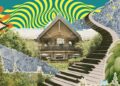 A surreal digital collage featuring the Sierra Nevada lodge at the center, flanked by pine trees and rugged mountain textures. A winding staircase made of piano keys leads up the right side toward the mountains, next to a large green hop cone.