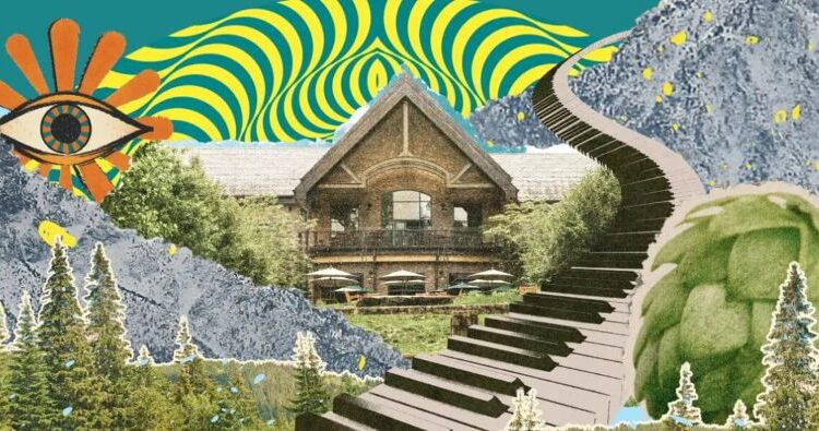 A surreal digital collage featuring the Sierra Nevada lodge at the center, flanked by pine trees and rugged mountain textures. A winding staircase made of piano keys leads up the right side toward the mountains, next to a large green hop cone.