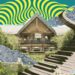 A surreal digital collage featuring the Sierra Nevada lodge at the center, flanked by pine trees and rugged mountain textures. A winding staircase made of piano keys leads up the right side toward the mountains, next to a large green hop cone.