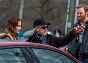 Emily Blunt, director Steven Spielberg, and Wyatt Russell on the set of "Disclosure Day." (Photo Niko Tavernise/Universal Pictures and Amblin Entertainment)