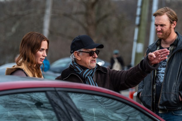 Emily Blunt, director Steven Spielberg, and Wyatt Russell on the set of "Disclosure Day." (Photo Niko Tavernise/Universal Pictures and Amblin Entertainment)