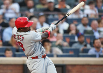 NEW YORK, NEW YORK - JUNE 09: Jordan Walker #18 of the St. Louis Cardinals hits an RBI double during the third inning of the game against the New York Mets at Citi Field on June 09, 2026 in New York City. (Photo by Dustin Satloff/Getty Images)