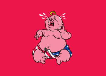 A cartoon baby with a yellow curl cries loudly, wearing a diaper with the American flag pattern, on a red background.