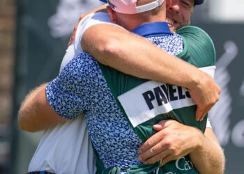Joe Pavelski celebrates after winning the American Century Celebrity Championship golf tournament at Edgewood Tahoe Golf Course in Stateline, Nev., Sunday, July 13, 2025.