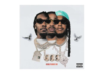 Album cover for "Culture III" by Migos, featuring Offset, Quavo, and Takeoff with jewelry and doves.