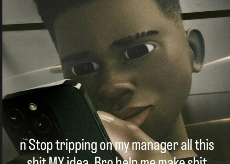 An animated character with short hair looks at a smartphone. Text overlay discusses music and management.