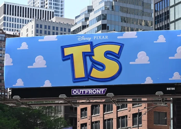 a big TS taylow Swift related Toy Story billboard in a city