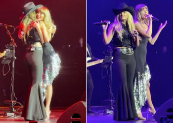 Lainey Wilson and Taylor Swift performing at Tight Ends & FriendsCredit: Skyler Caruso