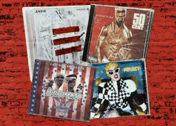 Four album covers on a red brick background: Jay-Z's "The Blueprint 3," 50 Cent's "Get Rich or Die Tryin'," The Diplomats' "Diplomatic Immunity," and Cardi B's "Invasion of Privacy." The albums feature some of the greatest New York City rap songs of all time.