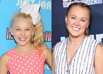 Split image of JoJo Siwa. On the left, in a pink polka dot dress with a large white bow in her hair in 2015. On the right, in a white waistcoat with sparkly rainbow pin stripes in 2025.