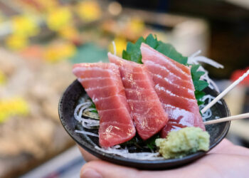 A hand holding fish tartare in Tsukiji Outer Market, Japan