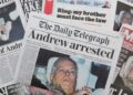 multiple british newspapers are displayed showing a front page image and accompanying story about andrew mountbatten windsor