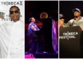A collage of 3 images: 1) A man in sunglasses posing at the Tribeca Film Festival, 2) A performer on stage at the Tribeca Festival, 3) Several men on stage at the Tribeca Festival.
