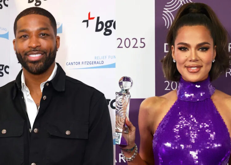 Tristan Thompson smiling in a black jacket; Khloé Kardashian in a purple sequined dress holding an award.