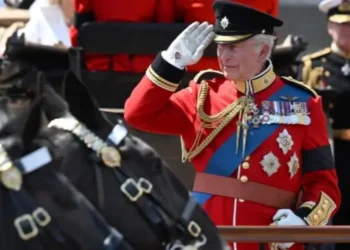 King Charles III salutes during the Trooping the Colour ceremony on 14 June 2025