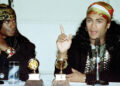 Fabrice Morvan and Rob Pilatus of Milli Vanilli appear at a news conference in Hollywood in 1990.
