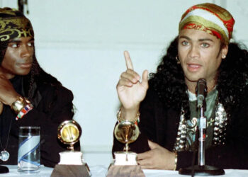 Fabrice Morvan and Rob Pilatus of Milli Vanilli appear at a news conference in Hollywood in 1990.