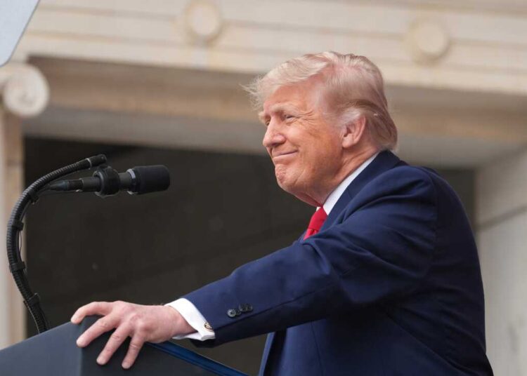 President Trump speaks at the Memorial Amphitheater in Arlington National Cemetery on May 25 in Arlington, Va.
