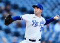Royals starting pitcher Cole Ragans throws during the first inning of a baseball game against the Guardians. AP Photo/Charlie Riedel