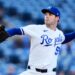 Kansas City Royals starting pitcher Cole Ragans throws during the first inning of a baseball game against the Cleveland Guardians.