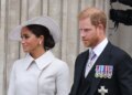 Prince Harry and Meghan Markle step out from St. Paul's Cathedral after a service honoring Queen Elizabeth II's Platinum Jubilee, on June 3, 2022, during the last U.K. visit on which they brought their children.