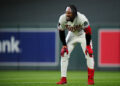 MINNEAPOLIS, MN - JUNE 04: Byron Buxton #25 of the Minnesota Twins looks on after being hit by the throw running to first base during the game between the Kansas City Royals and the Minnesota Twins at Target Field on Thursday, June 4, 2026 in Minneapolis, Minnesota. (Photo by Daniel Shirey/MLB Photos via Getty Images)