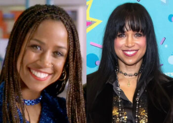 Split image of actress Stacey Dash. Shown on the left in a still from Clueless, dated 1995. On the right, in 2023 at '90s con.