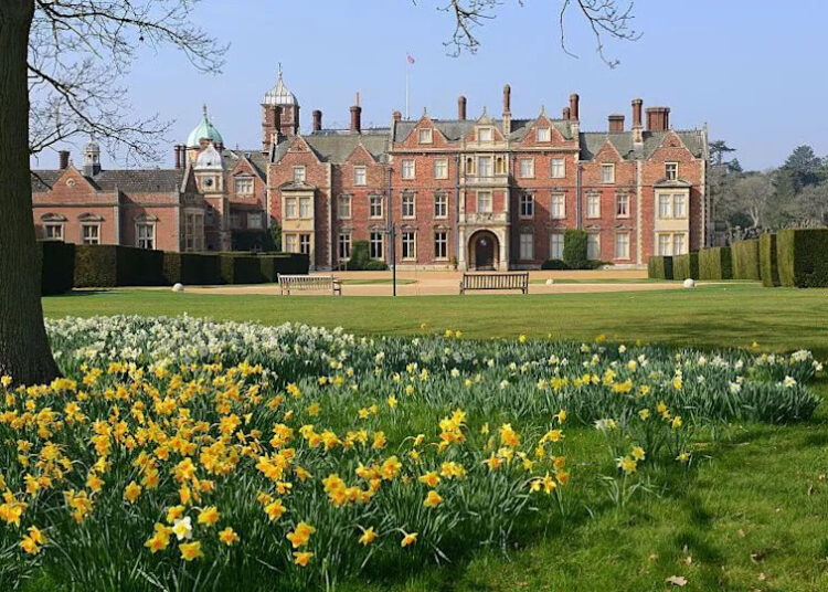 A view of The Church of St Mary Magdalene on Sandringham estate. Daffordils, a lush lawn and a tree are in the foregrounf of the large red-bricked building.