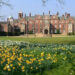 A view of The Church of St Mary Magdalene on Sandringham estate. Daffordils, a lush lawn and a tree are in the foregrounf of the large red-bricked building.