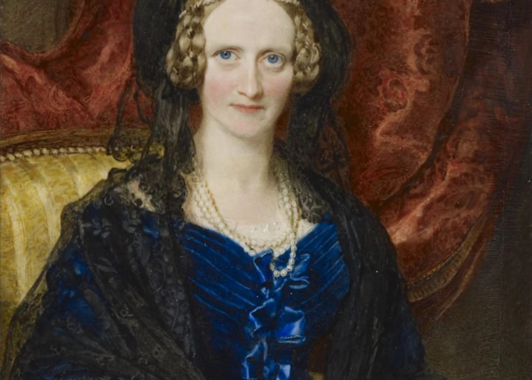 Painted portrait of Queen Adelaide, a 19th-century British queen consort, in formal dress.