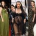 Celebrity women in stylish outfits celebrating pregnancy at various events.