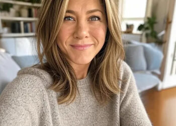 A woman with shoulder-length blonde hair and blue eyes smiles at the camera, wearing a light beige sweater. She is indoors in a cozy room with bookshelves, plants, and natural light.