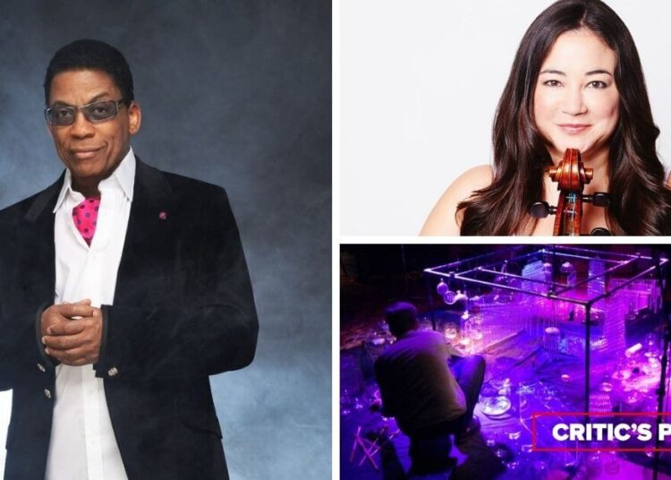 L-R (clockwise): Iconic jazz pianist Herbie Hancock; violist Sharon Wei, The Glass Orchestra (Photos courtesy of the artists)