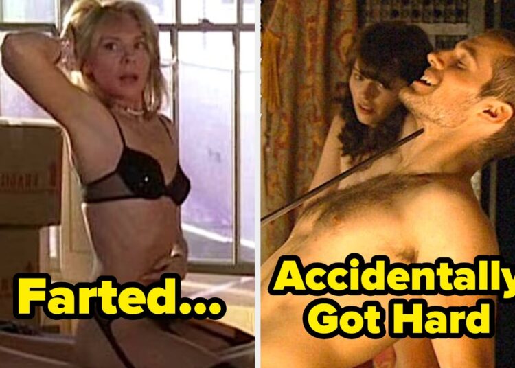 A man and Kim Cattrall are on a bed surrounded by boxes. The woman is in lingerie, and the man is shirtless