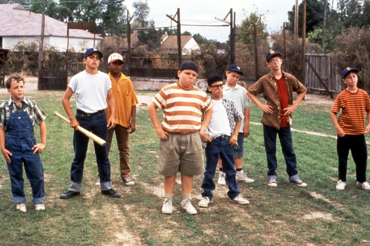 (L-R) Shane Obedzinski, Mike Vitar, Brandon Adams, Patrick Renna, Chauncey Leopardi, Victor DiMattia, Grant Gelt and Tom Guiry in "The Sandlot."
