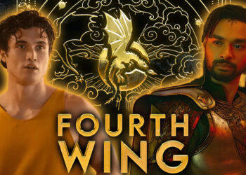 Charles Melton and Regé-Jean Page flanking a book cover from the Fourth Wing series