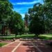 A picture of the Evans Clock Tower on the Queens University campus with a brick plaza in the foreground and trees surrounding the view.