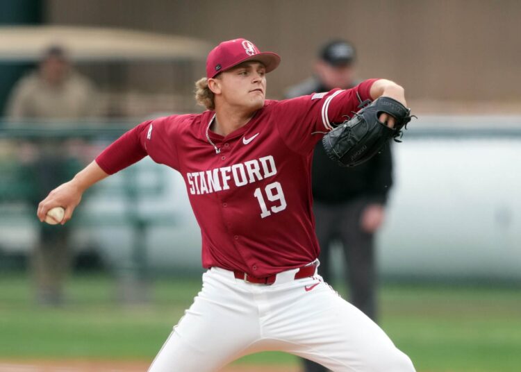 Stanford Cardinal starting pitcher Joey Volchko (19) throws a pitch against the Xavier Musketeers during the second inning at Sunken Diamond.