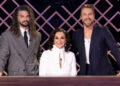Mark Ballas, Shirley Ballas and Derek Hough sitting at the judges' table for Dancing with the Stars: The Next Pro.
