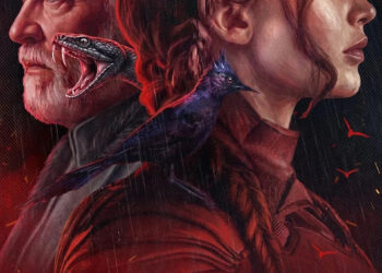 A painted poster of Snow and katniss with a snake and a mockingjay for the rerelease of all five Hunger Games movies