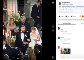 This image shows a TikTok post by user @stephyville2 of Taylor Swift and Travis Kelce purportedly walking together with the caption