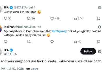 A Twitter exchange with BIA responding to a comment about rumors involving Ohgeesy. BIA dismisses it as fake news.