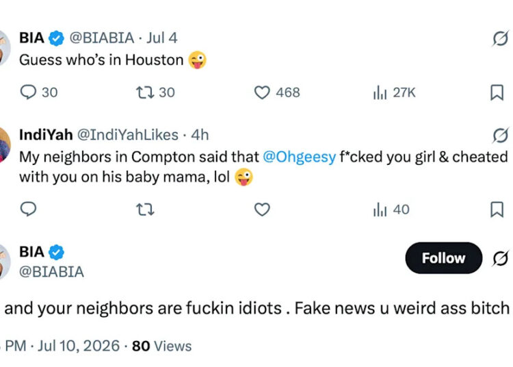 A Twitter exchange with BIA responding to a comment about rumors involving Ohgeesy. BIA dismisses it as fake news.