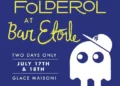 A blue poster with a white ghostlike animated character wearing an LA hat, with text reading "Direct From Paris Folderol At Bar Etoile."