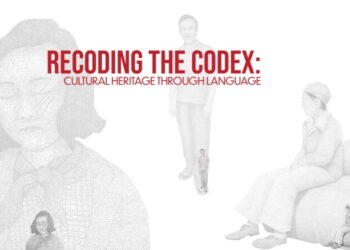 Animated semi-transparent drawings of six men and women, with red text overlaid reading Recoding the Codex: Cultural Heritage Through Language.