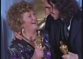 Brenda Fricker, left, and Daniel Day-Lewis celebrate together backstage at the 62nd Academy Awards on March 26, 1990. Fricker won the award for best supporting actress for her role in the dramedy