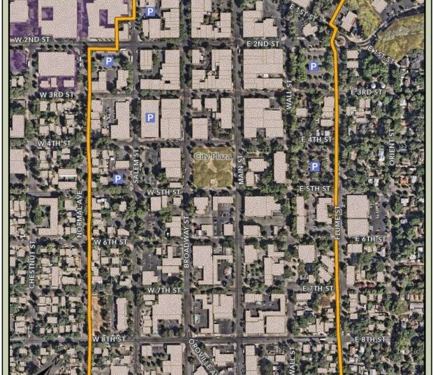 A map of downtown Chico outlines the downtown Chico entertainment...